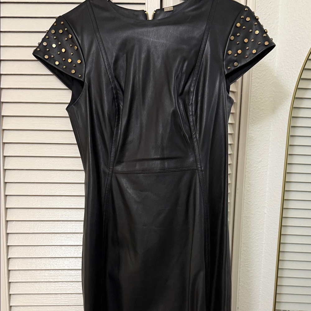 Calvin Klein Black Leather Dress with Studded Sleeves